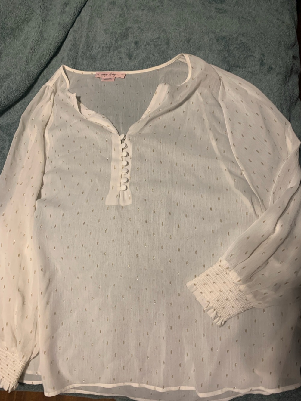 Addition Elle Ivory Sheer Button-Front Blouse with Subtle Metallic Dots